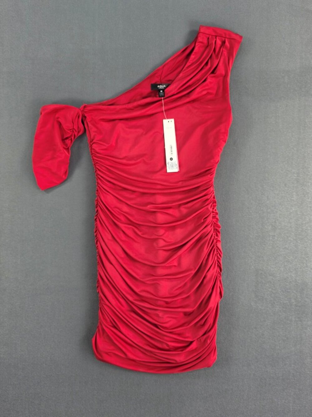 AQUA Red One Shoulder Ruched Bodycon Mini Dress XS NWT Cocktail Party - Picture 3 of 7
